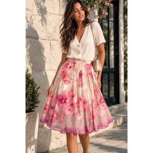 Floral Cotton Midi Skirt Womens Medium Pink Cottage Elastic Waist Lined